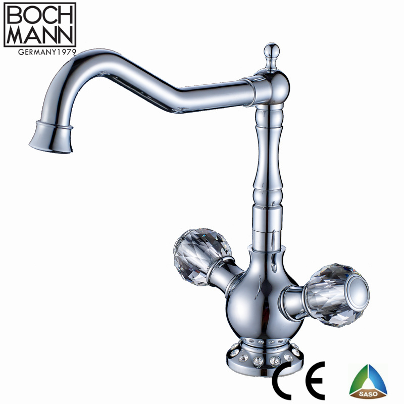 Luxury Traditional Brass Kitchen Sink Water Faucet with Crystal Handle