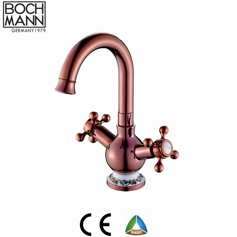 Bochmann Double Handle Brass Bathroom Tap Rose Gold Basin Faucet