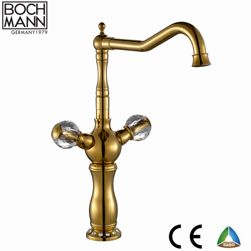 Luxury Bathroom Double Handle Black and Gold High Basin Mixer for Top Counter Basin