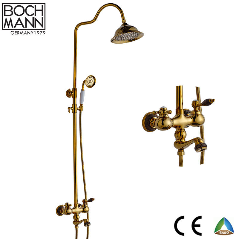 Middle East Gold Brass Body Bathroom Rain Shower Set Tap Faucet with Marble Stone