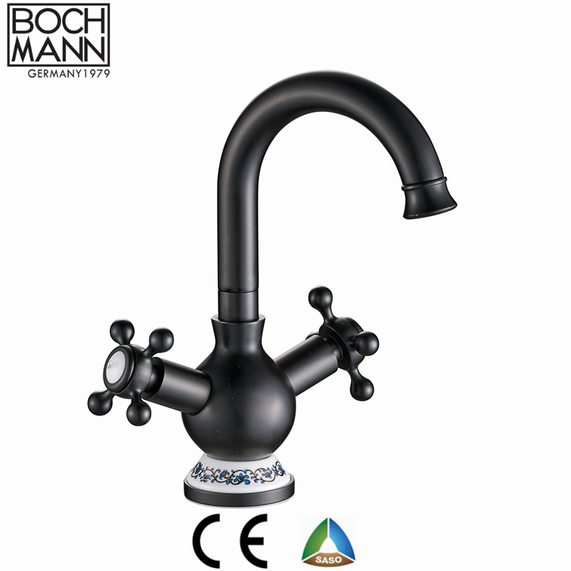 Matt Black Color Luxury Double Handle Wheel Bathroom Basin Mixer