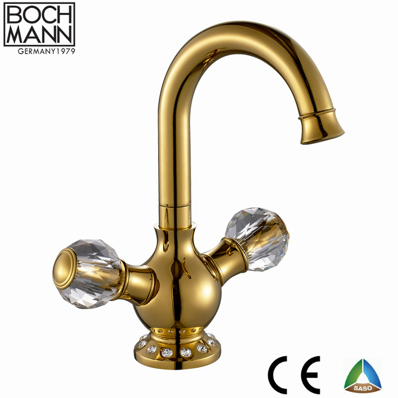 Luxury Dual Handle Brass Black Gold Kitchen Sink Water Tap with Crystal