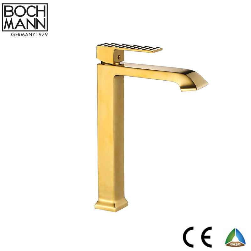 Gold Color Diamond Cutting Design Handle High Basin Water Mixer