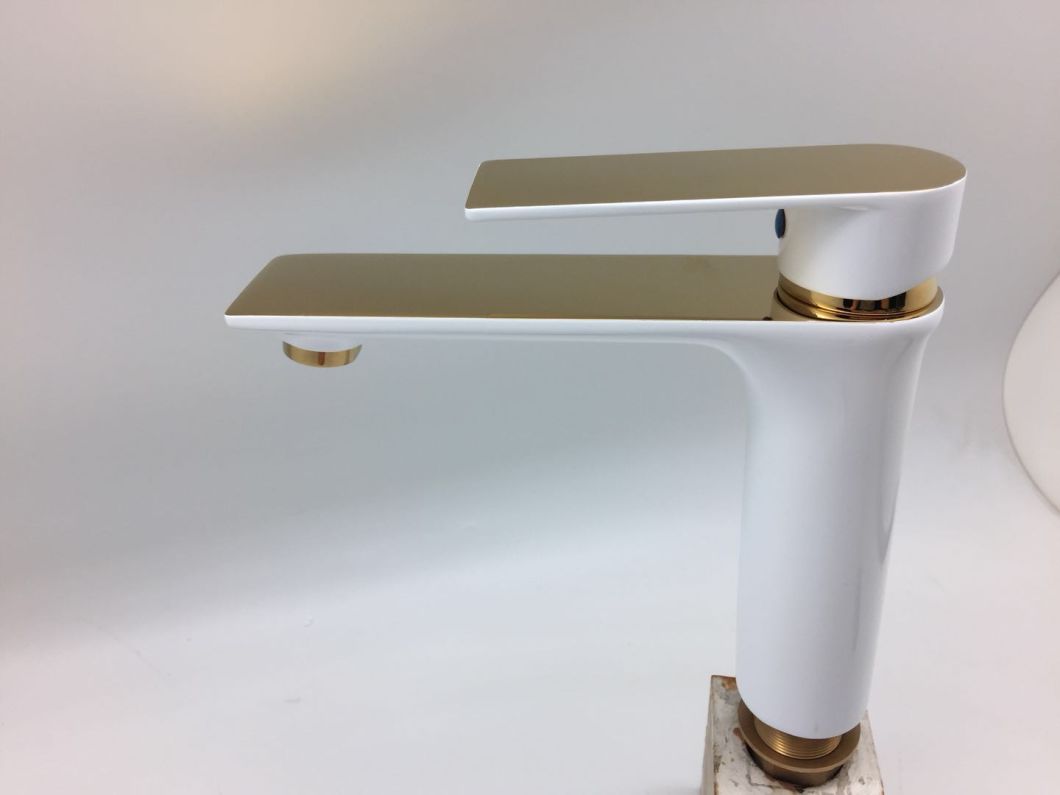 Distributor Golden and White Color Brass Material Long Top Counter Bathroom Water Mixer