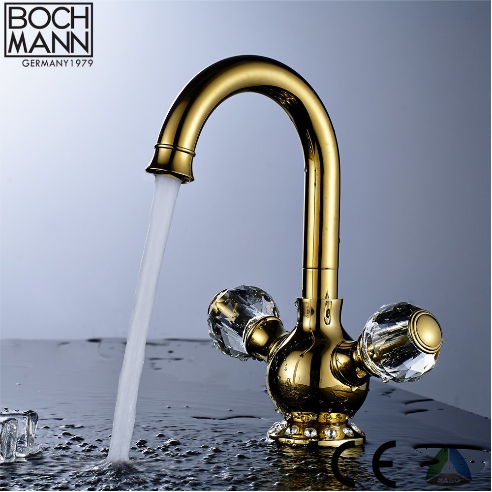 Round Crystal Handle Golden Black High Sink Water Mixer for Villa 5 Star Hotel